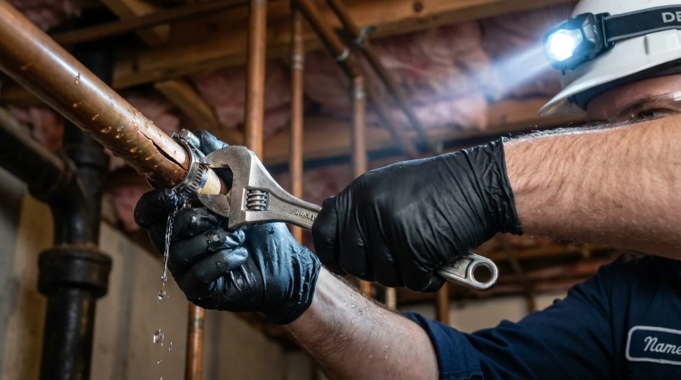 Emergency pipe clamp repair being performed by a Johns Plumbing LLC plumber in Millville