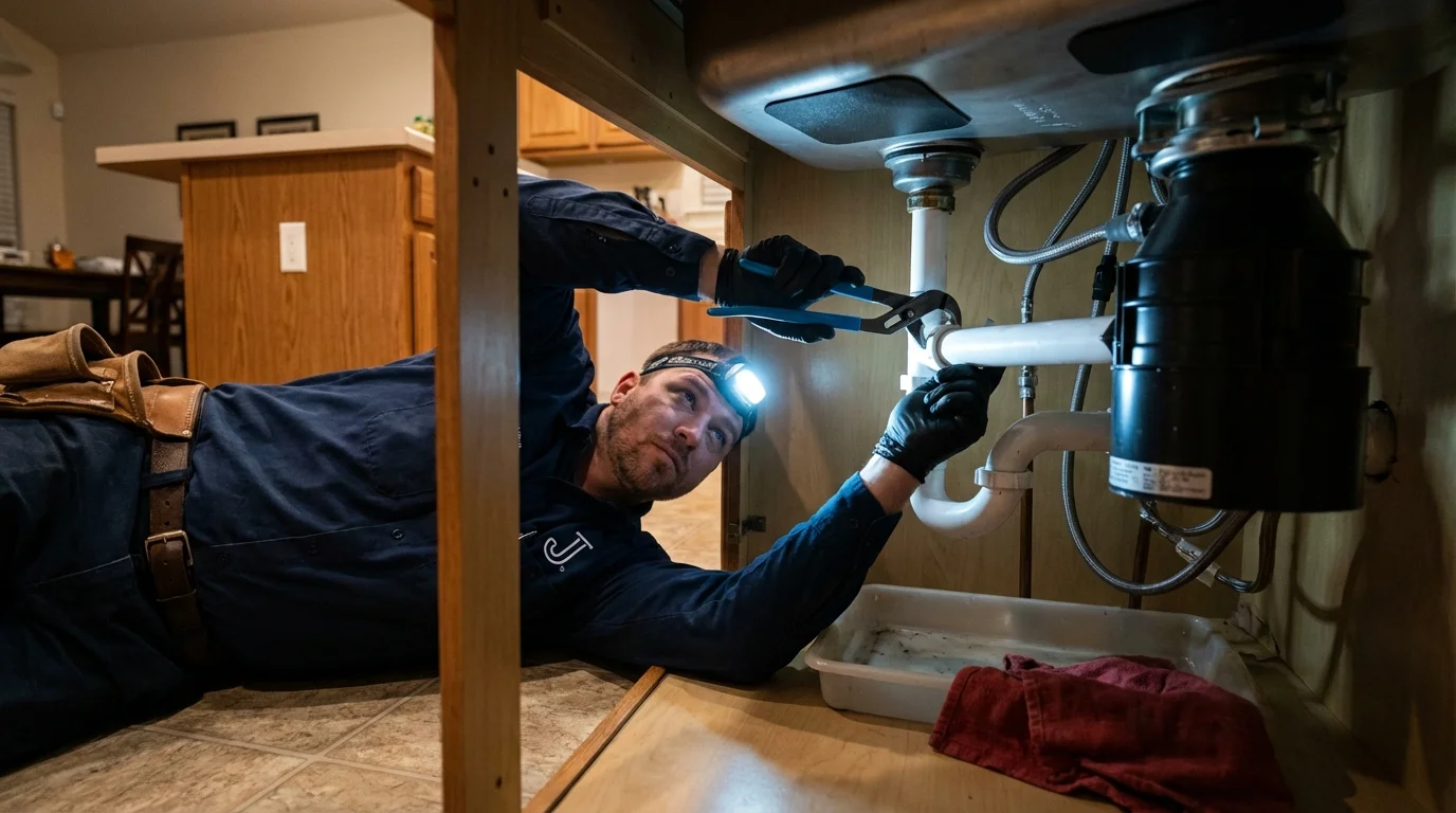 P-trap and supply line connections under a kitchen sink showing a common leak point in Millville, UT
